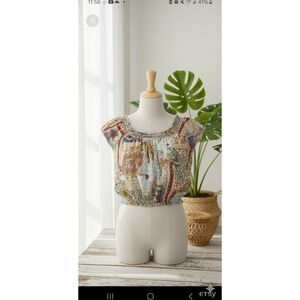 Y2k American Rag L Floral Print Off Shoulder Smocked Waist‎ Boho Blouse Top